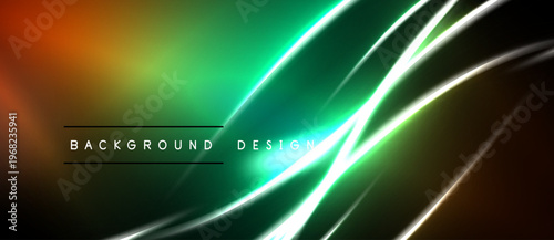 Abstract neon lights create vibrant gradient background. Dynamic lines suggest speed, energy, modern aesthetic. Dark space surrounds bright colors.