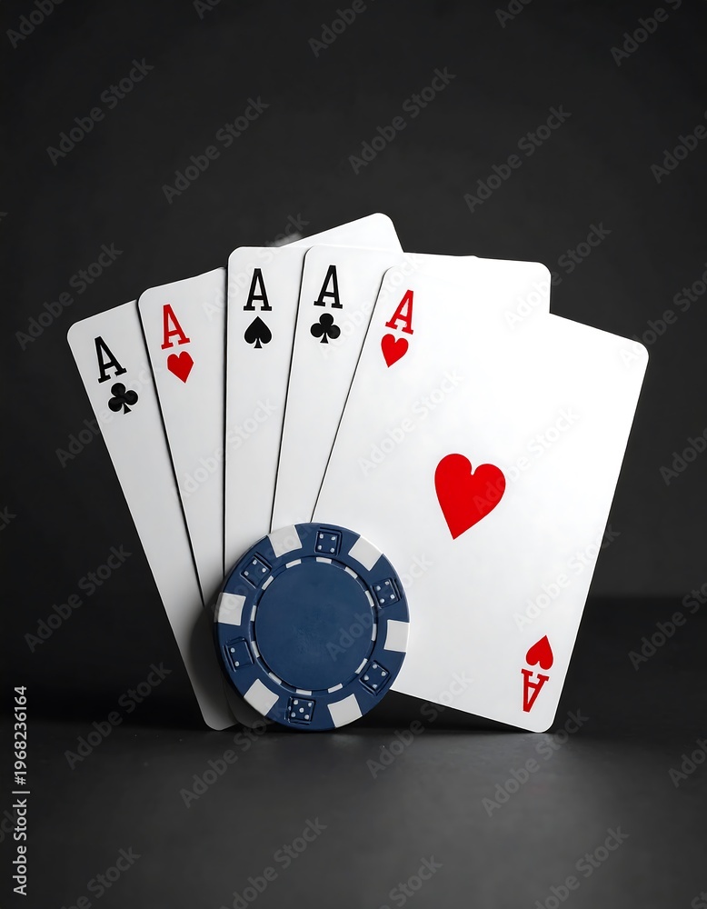 Obraz premium Close-up studio shot featuring four playing card aces, aligned fan-like, with a blue poker chip. Set against a dark background