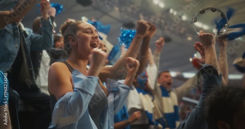 Portrait of Young White Woman and Diverse Supporters Cheer, Clap and Celebrate in a Packed Stadium During a Professional League Championship Match. International Cup Crowd Happy. Slow Motion