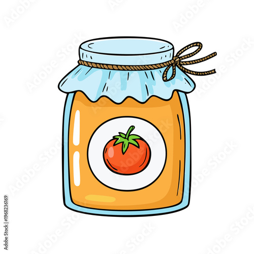 Whimsical Cartoon Tomato Jam Jar with Red Tomato Label and Twine Tie