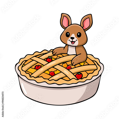 Cute cartoon animal character peeking out of a delicious baked fruit pie with lattice crust