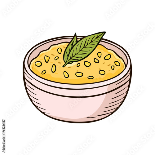 Warm Bowl of Yellow Porridge Topped with Fresh Green Leaves