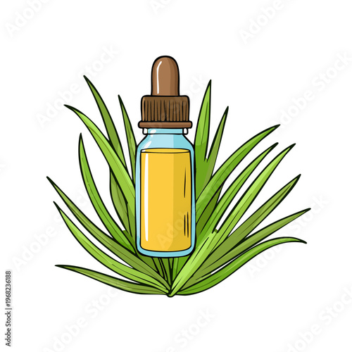 Herbal Essential Oil Dropper Bottle with Green Leaves Natural Ingredient Concept