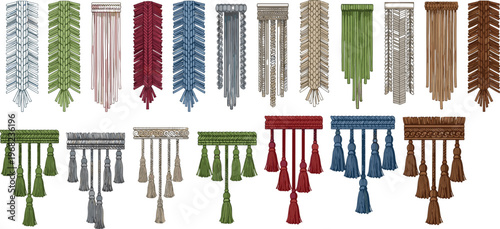 Decorative Curtain Tassel and Fringe Set Vector Illustration with Upholstery Trim, Home Decor Textile Ornaments and Interior Design Elements Collection
