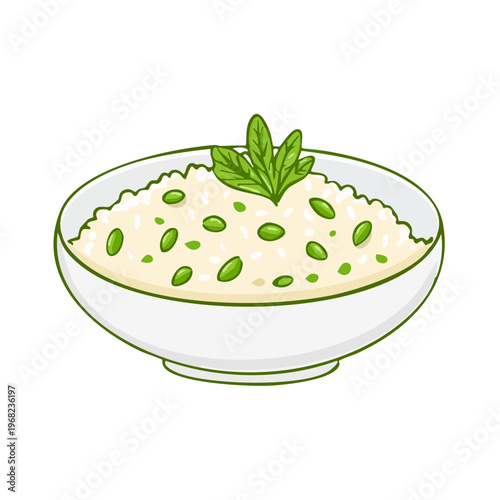 Wholesome bowl of creamy risotto with fresh herbs and peas, a delicious Italian dish.