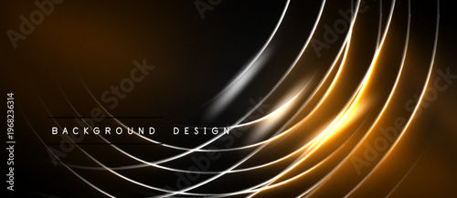 Abstract design features flowing orange lines, bright curves, dark background. Modern aesthetic, dynamic energy, elegant simplicity.