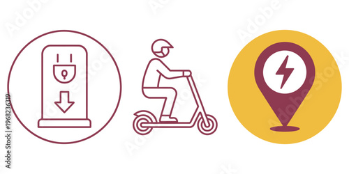 Electric scooter transportation icons set, featuring rider, charging station, and lightning bolt location marker, representing sustainable urban mobility and green