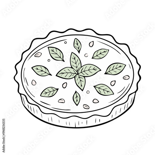 Hand drawn illustration of a savory tart with fresh basil herb garnish