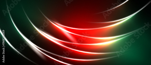 Abstract design features vibrant curves, red glows, green shades. Dynamic lines create energy, modern aesthetic. Dark background emphasizes luminosity.