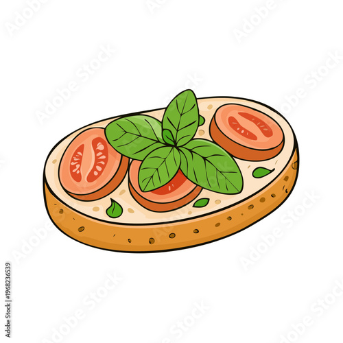 Hand-drawn illustration of a single piece of bruschetta with tomato and basil