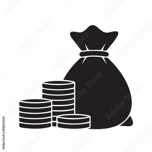 A black and white image of money bag and coins Vector