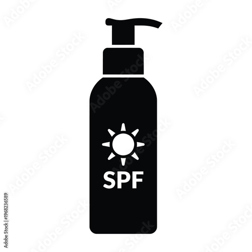 Black bottle with s p f symbol and sun sunscreen lotion pump bottle
