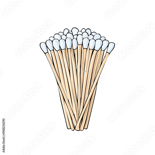 A bundle of uncooked wooden cotton swabs arranged in a fan shape with white tips