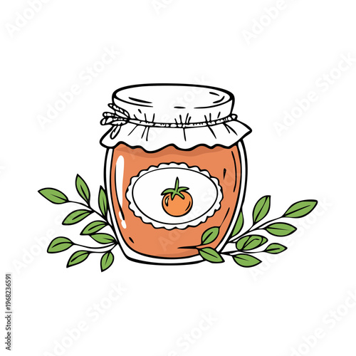 Hand drawn jar of homemade fruit jam with leaves illustration
