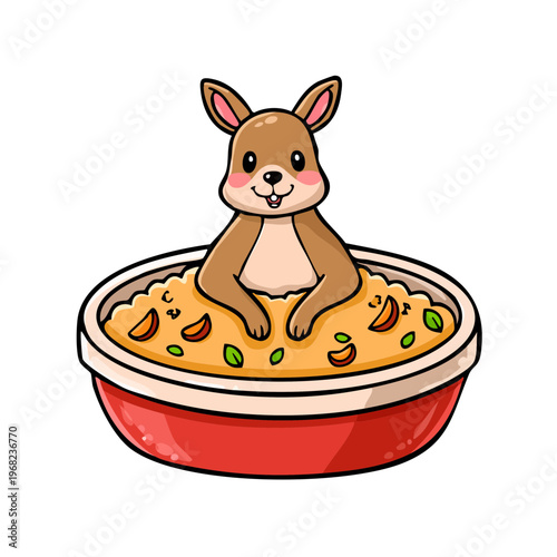 Cute cartoon kangaroo sitting in a bowl of food