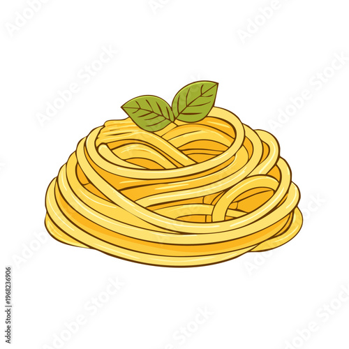 Hand Drawn Nest of Golden Fettuccine Pasta Decorated with Fresh Green Basil Leaves