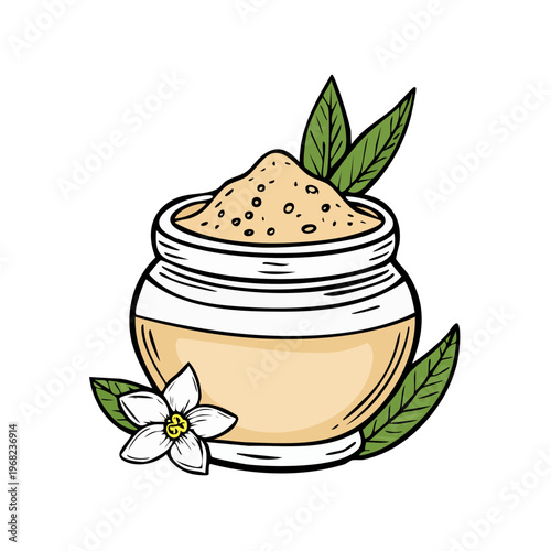 Jar of granular exfoliating scrub with fresh green leaves and a delicate white flower