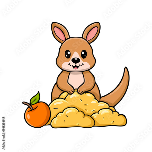 Cute cartoon kangaroo with an apple and a pile of gold coins