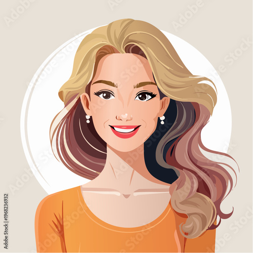 Portrait of a smiling woman with flowing blonde and brown hair.