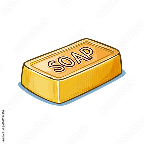 Illustration of a rectangular bar of yellow soap with the word SOAP embossed on its surface