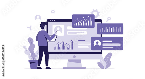 Analyst working on data analysis and business statistics on computer screen.