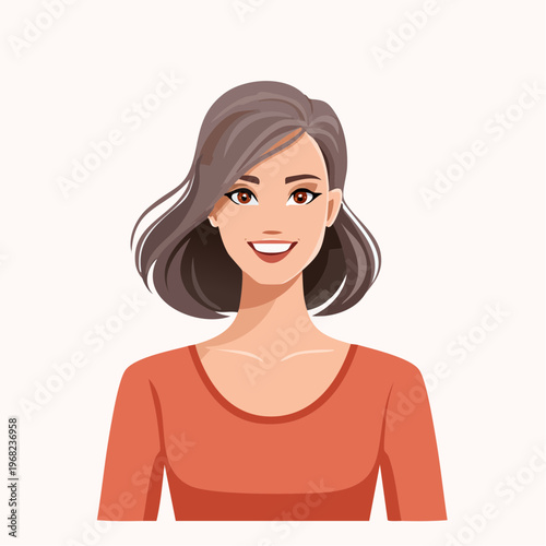 Smiling Woman with Short Brown Hair and Purple Eyes.