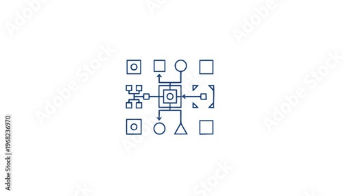 Abstract Geometric Shapes and Lines Arranged in a Pattern on White.