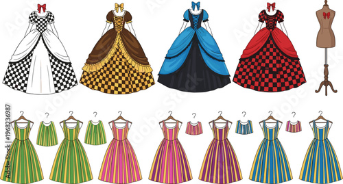Victorian Style Dresses Vector Illustration Set with Historical Ball Gowns, Vintage Women Fashion Costumes and Striped Dress Collection