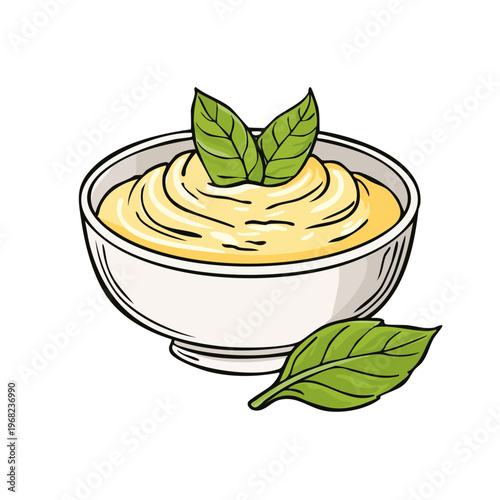 Creamy yellow sauce or dip in a white bowl topped with fresh green basil leaves illustration