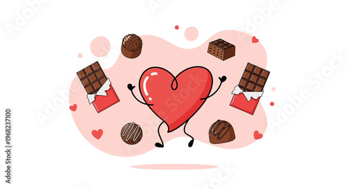 Happy Heart Character Dancing with Chocolate Bars and Candies