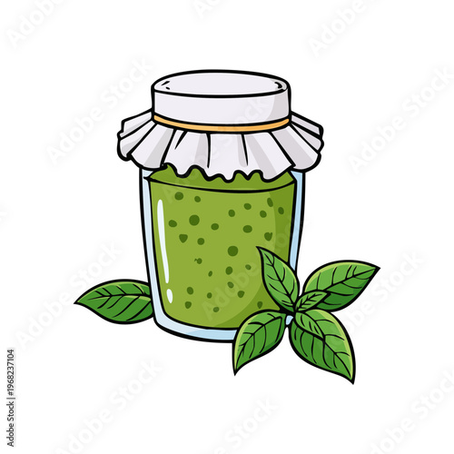 Jar of fresh green pesto sauce with basil leaves, a delicious Italian condiment.
