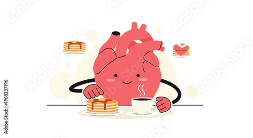 Happy Cartoon Heart Eating Pancakes and Coffee