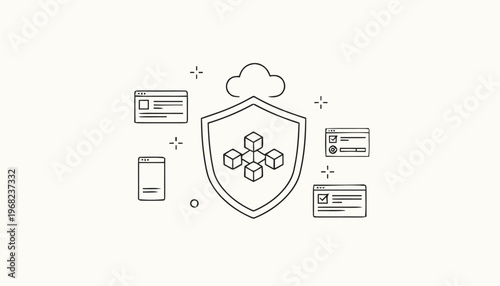 Cloud Security Shield with Connected Devices Line Art.