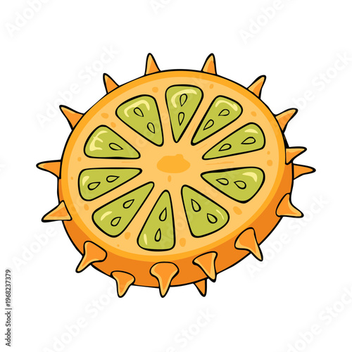 Exotic kiwano fruit sliced open with bright green pulp and seeds