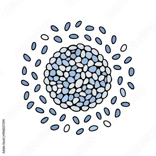 Abstract representation of cell division with a central cluster surrounded by smaller units.