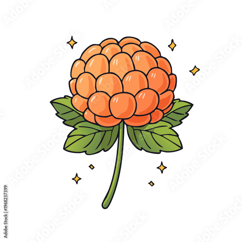 Illustrative Orange Cloudberry Fruit with Green Leaves and Sparkling Accents