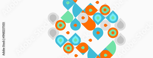 Abstract geometric shapes, circles, squares, teal, orange, light gray. Minimalist design, flat illustration, modern aesthetic.