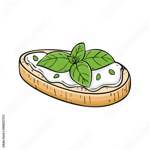 Hand drawn illustration of an oval bruschetta with white spread and green basil leaves and seeds