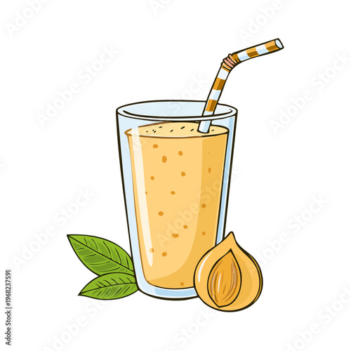 Refreshing peach smoothie with striped straw and fresh leaves in a glass