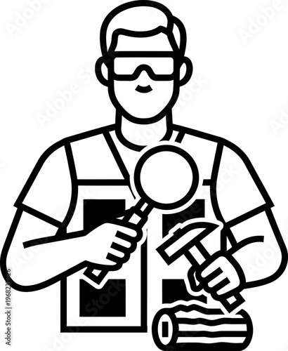 Man woodworker in glasses holding magnifying glass and hammer examining wood log for carpentry. Craft concept. Outline vector icon