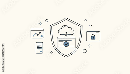 Cloud Security Shield with Data and Lock Icons Illustration.