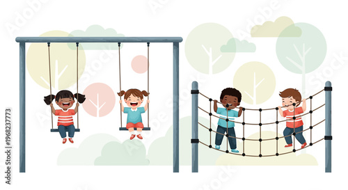 Happy Diverse Children Playing on Playground Swings and Rope Net