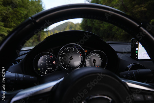 closeup POV driver's perspective from car dashbord on dirt road through green pine forest, Azores, Portugal