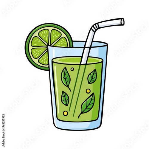 Refreshing green herbal drink with mint leaves and lime slice in a clear glass with straw