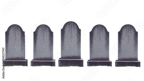 Cuadro en lienzo Five weathered gray granite headstones with ornate carvings and mossy bases, iso