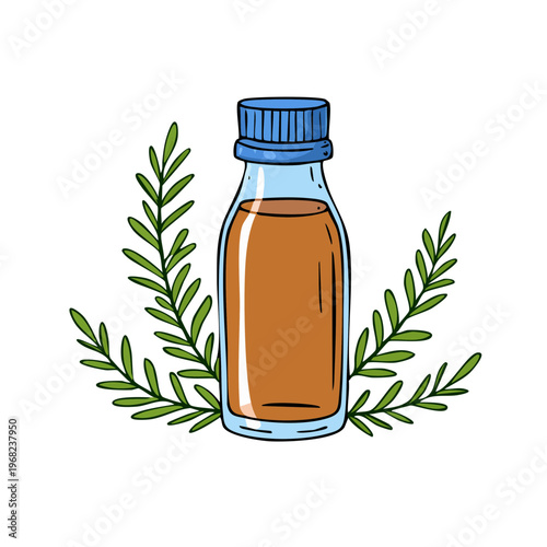 Herbal essential oil bottle with green leaves and blue cap clean sketch style illustration