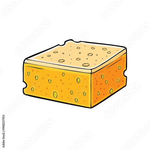 Yellow cheese block with round holes and a textured surface isolated on a white background