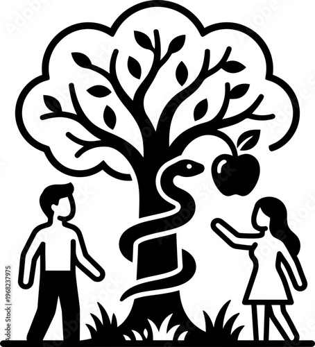 Adam and eve in garden of eden with apple tree and serpent. Biblical story and sin temptation concept. Black and white outline vector icon