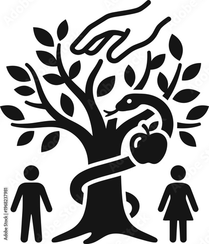 Vector illustration icon concept of original sin with tree, snake, apple fruit, forbidden knowledge, man, woman, religion, life, temptation, forbidden
