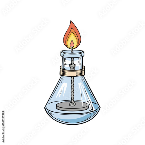 Illustration of a burning spirit lamp with a conical flask and wick over a white background
